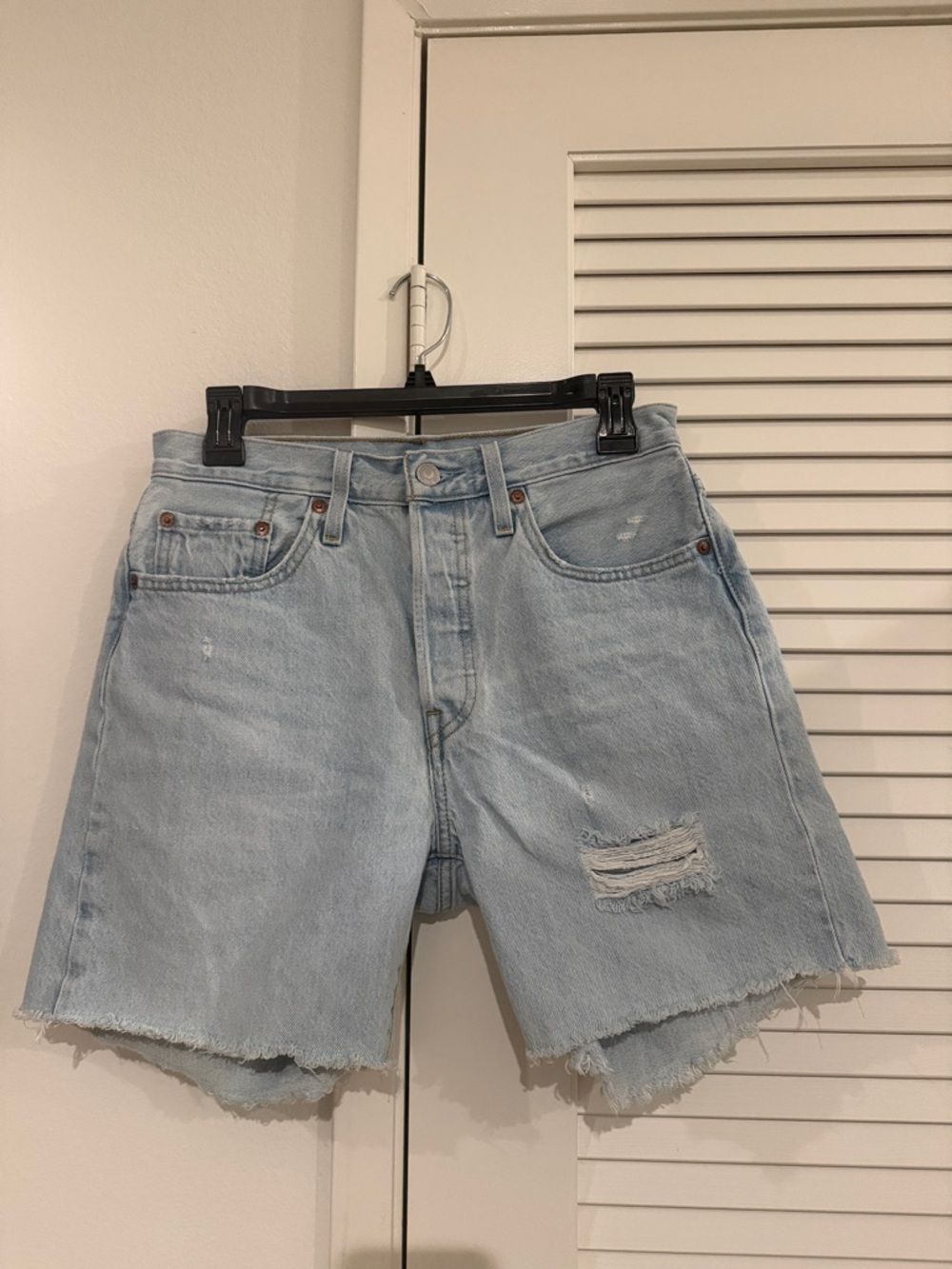 Levi’s Light Blue Distressed High-Waist Denim Shorts